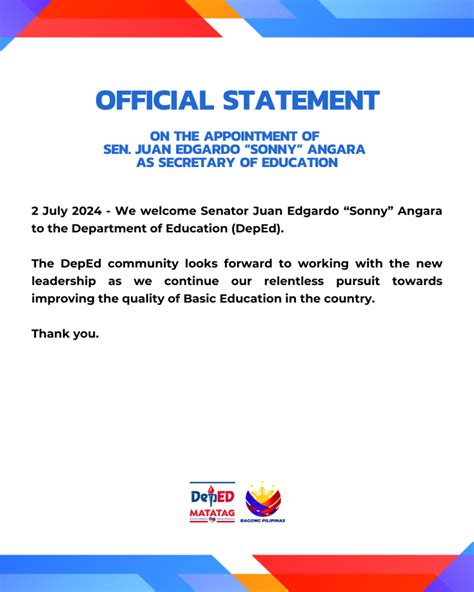 On the appointment of Sen. Juan Edgardo “Sonny” Angara as .
